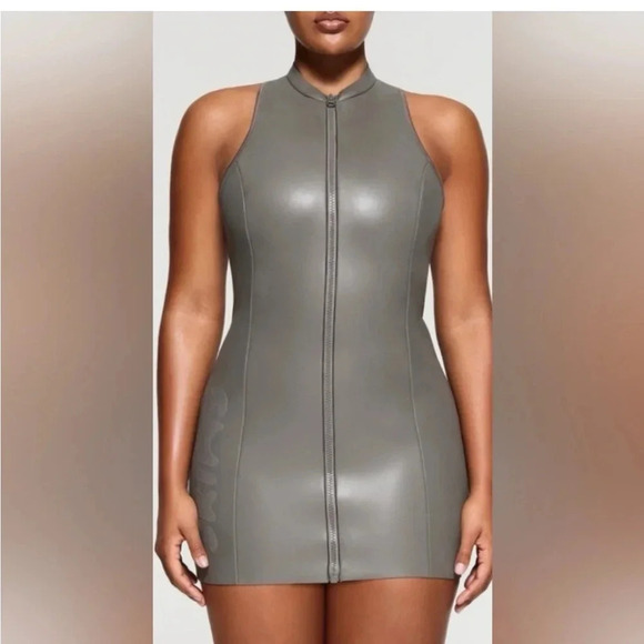 Skims gray rubberized scuba swim front zip mock neck dress